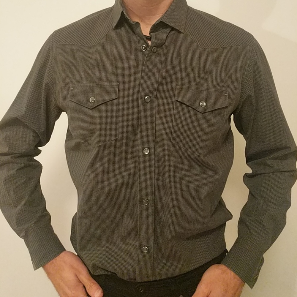 BR grey / black plaid slim fit shirt w pearl snaps